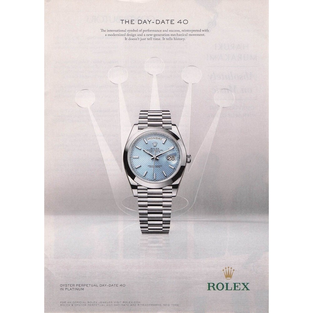FLAW Rolex Day-Date 40 Platinum Ice Blue Dial Watch Magazine Print Ad President